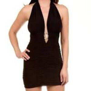 Rhinestone Deep V-Neck Dress in Black Slim Fit Sleeveless Mini Ruching